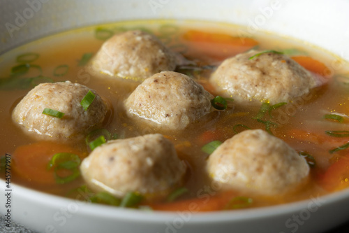 Kneidalach, Hot Homemade Matzo Ball Soup in a Bowl Jewish Passover
