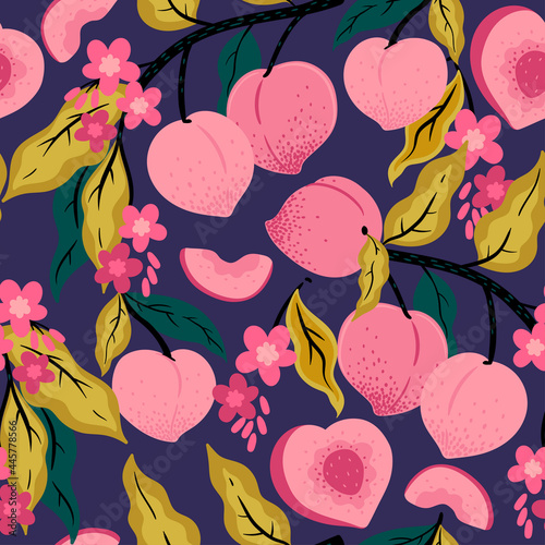 Seamless pattern of peaches on a branch. Vector graphics.
