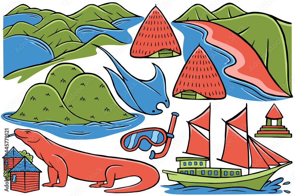 Naklejka premium Labuan Bajo Doodle Vector 