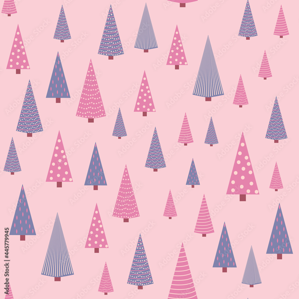 Seamless repeating pattern with textured Christmas trees in black, pastel pink, light blue