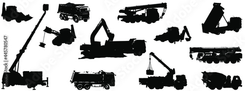 Set of silhouettes of construction equipment. Dump trucks, backhoe loaders, truck cranes, loader cranes and other vehicles isolated on white background. Vector, eps10.