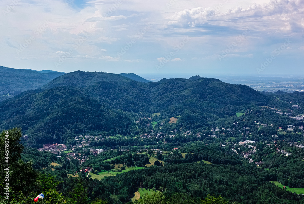 View in summer over the Black Forest Baden-Baden under cloudy skies