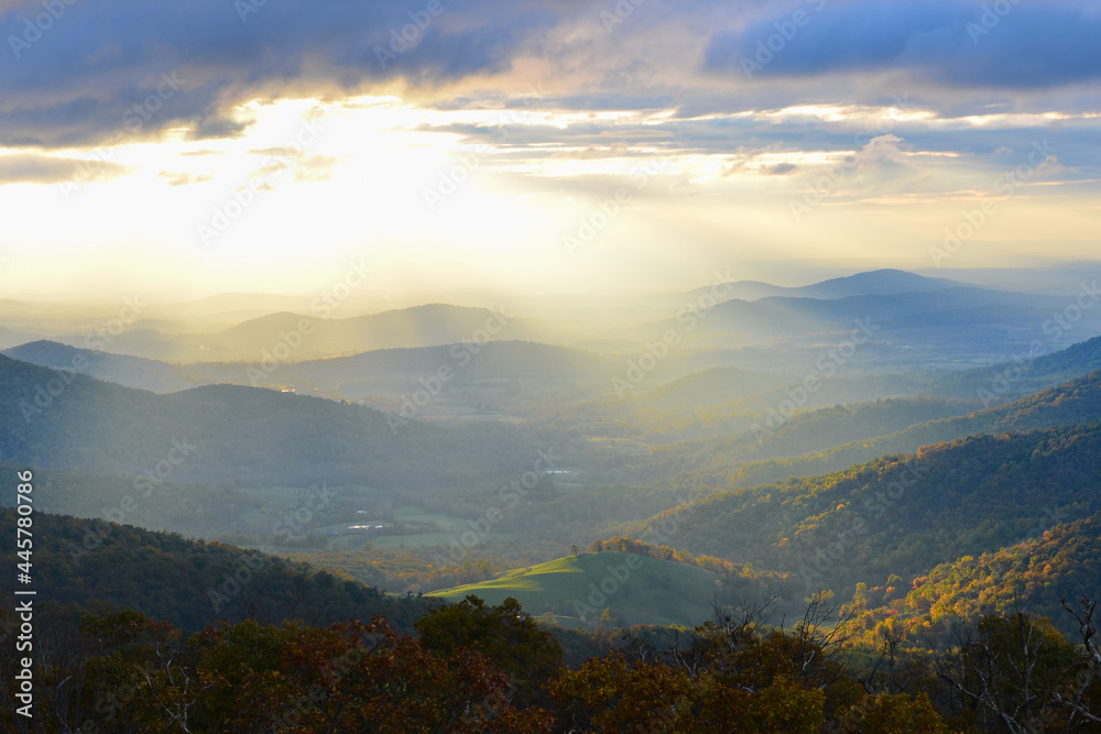 Autumn foliage and  partial sun rays in Shenandoah National Park - Virginia, United States 