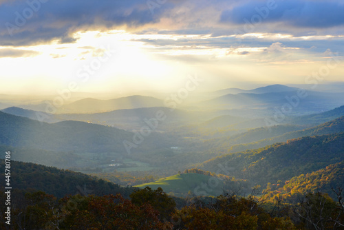 Autumn foliage and partial sun rays in Shenandoah National Park - Virginia, United States 