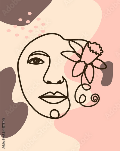 Woman face with flowers one line drawing. Half of the face is a flower. Continuous line drawing art. Nature cosmetics.