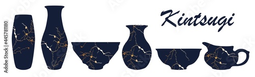 Renovated kintsugi japanese vase art color sketch engraving illustration. Kintsugi inscription