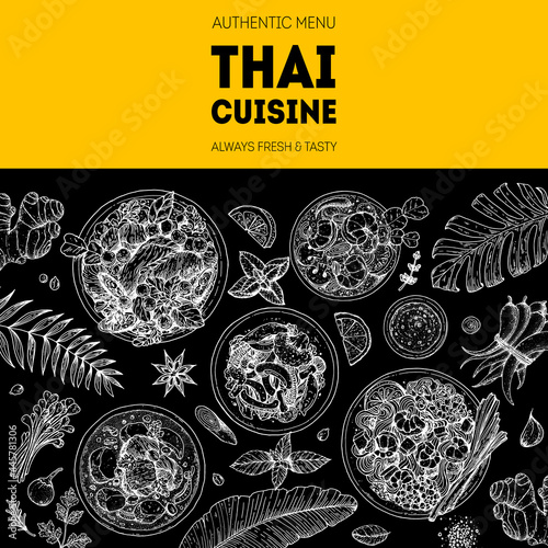 Thai food top view vector illustration. Food menu design template. Hand drawn sketch. Thai food menu. Vintage style.