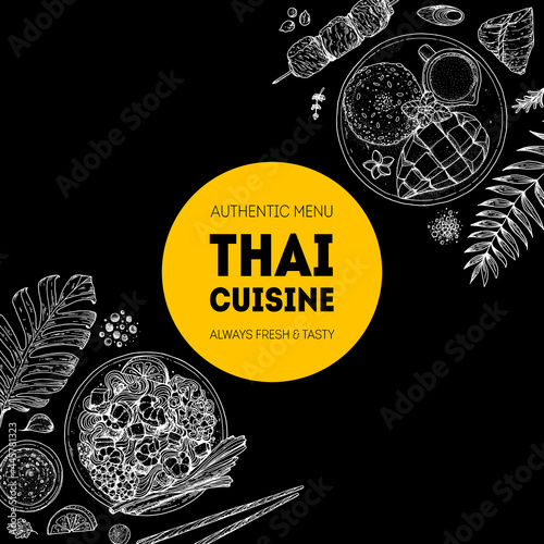 Thai food top view vector illustration. Food menu design template. Hand drawn sketch. Thai food menu. Vintage style.