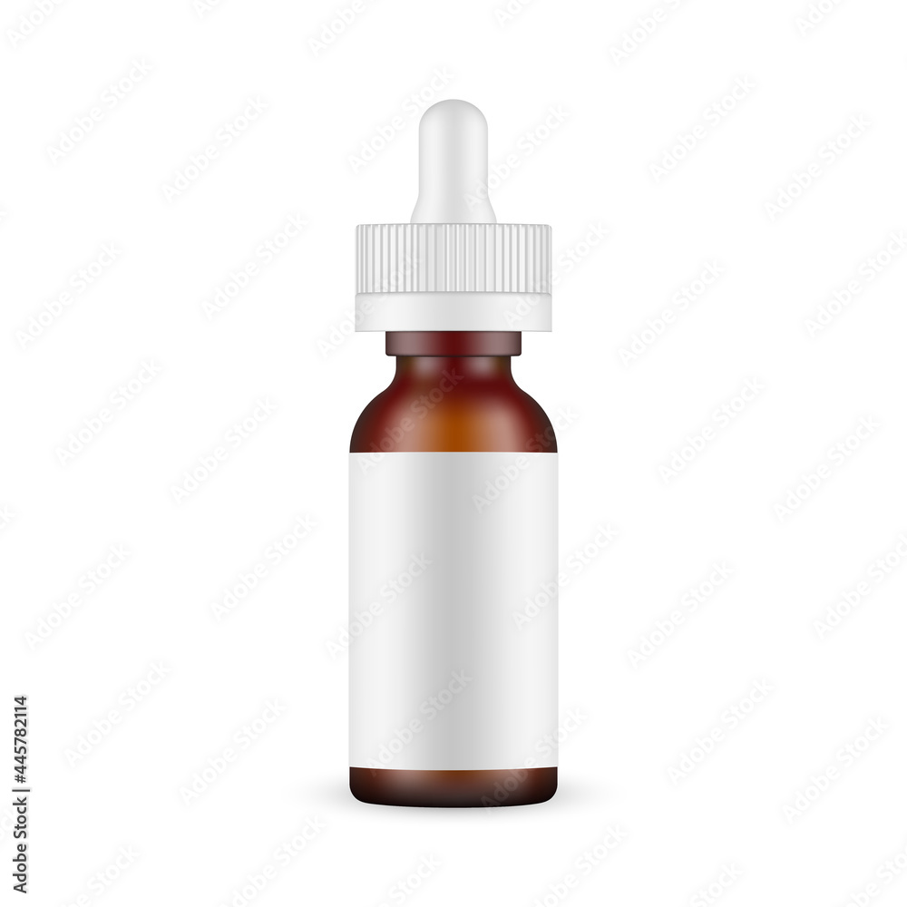 Frosted Amber Dropper Bottle Mockup with Blank Label, Isolated on White Background. Vector Illustration Frosted Amber Dropper Bottle Mockup with Blank Label, Isolated on White Background. Vector Illustration
