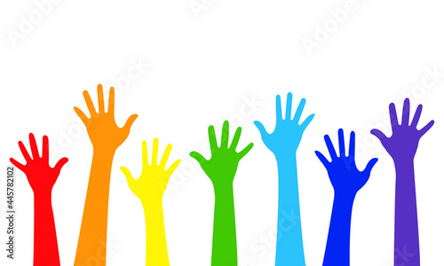 Colorful Diverse Hands Raised Up Isolated on White Background. Vector Illustration