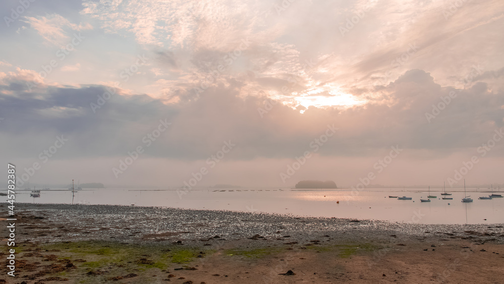 Arz island in the Morbihan gulf, panorama at sunrise, with boats in the bay
