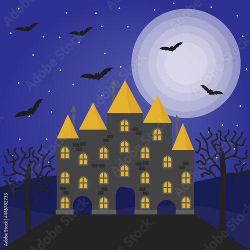 Halloween vector illustration with haunted house, full moon, trees and bats.