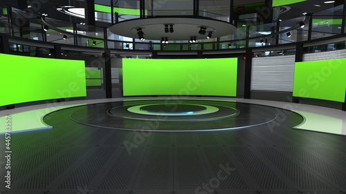 3D Virtual TV Studio News, Backdrop For TV Shows .TV On Wall.3D Virtual News Studio Background,3d illustration  photo