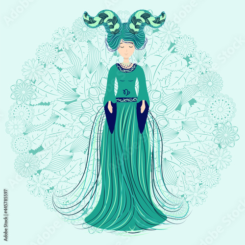 Zodiac, Virgo zodiac sign illustration as a beautiful girl with braids. Vintage zodiac boho style fashion illustration