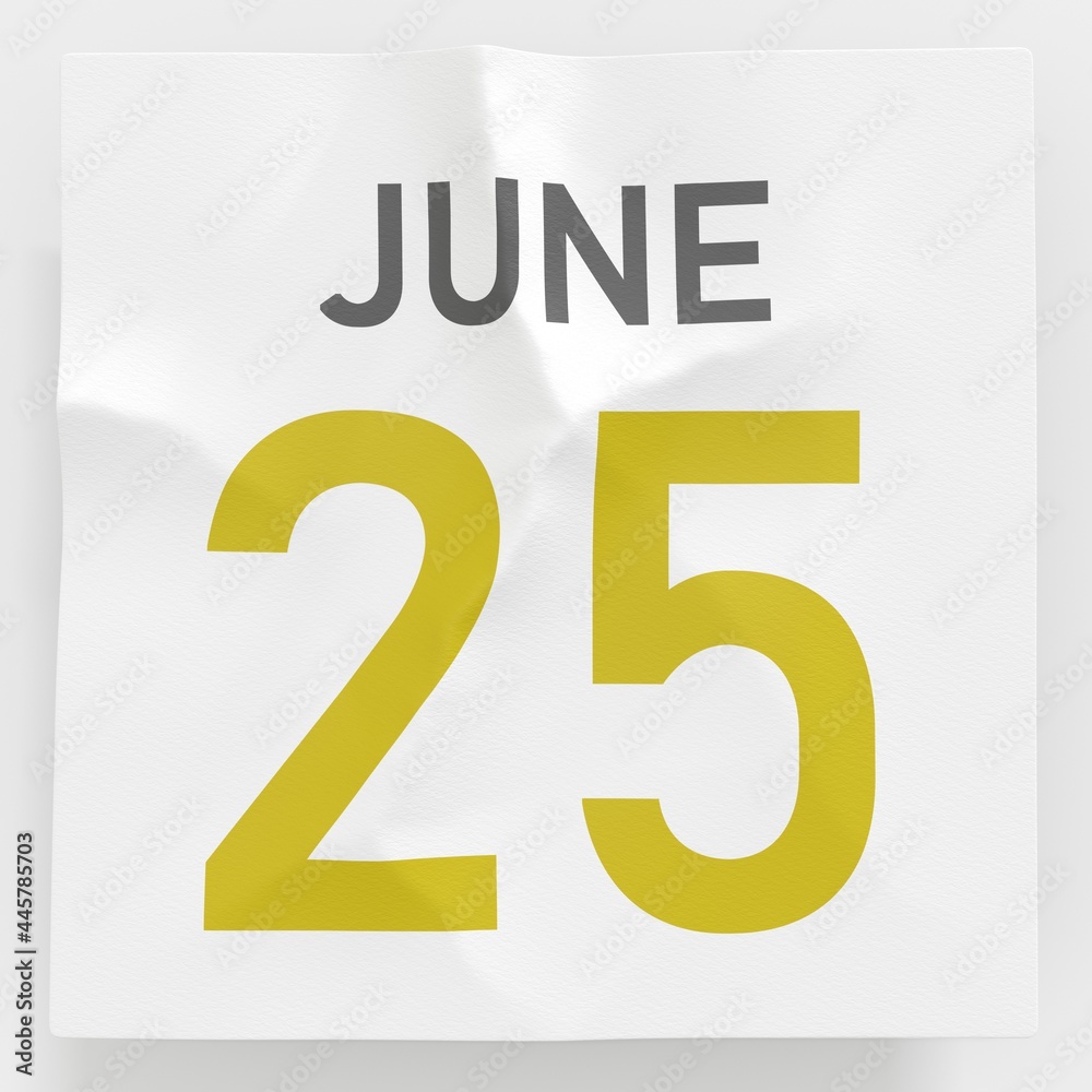 June 25 date on crumpled paper page of a calendar, 3d rendering June 25 date on crumpled paper page of a calendar, 3d rendering