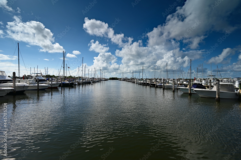 Bright suummer cloudscape reflected in tranquil water of Dinner Key Marina in Coconut Grove, Miami, Florida.