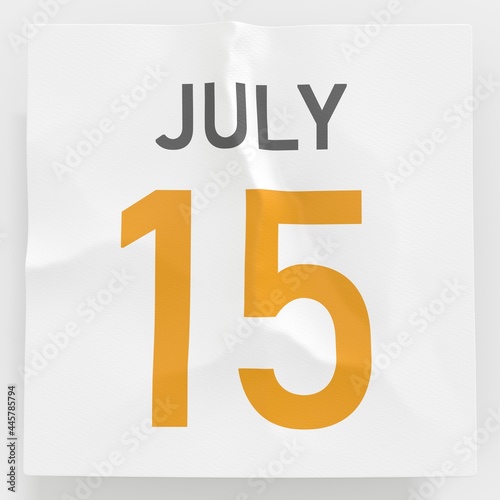 July 15 date on crumpled paper page of a calendar, 3d rendering