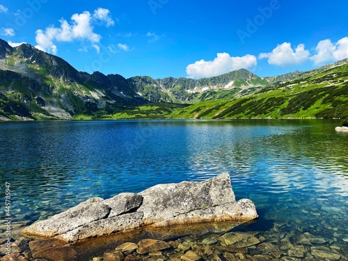 Mountain landscape by a pond in the valley Dolina Pieciu Polish Ponds, Polish Tatras
