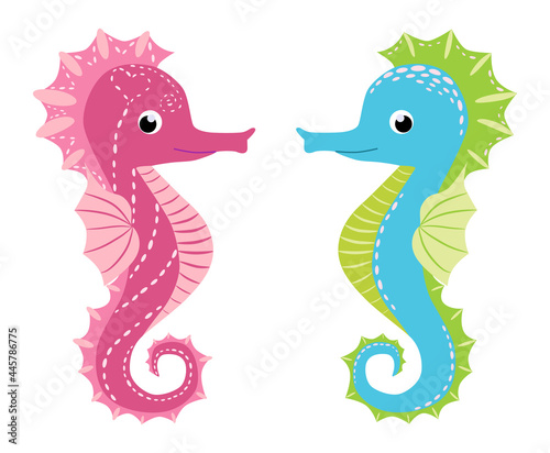 Pair of seahorses  scandinavian style hippocampus  hand drawn  pink and turquoise  boy and girl  love