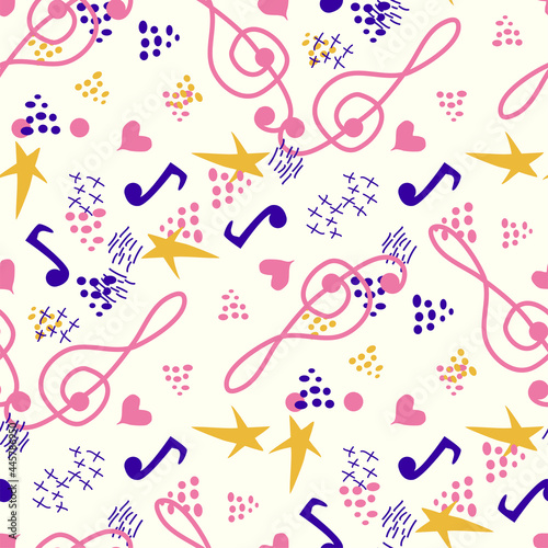Classic musical patterns, with sheet music and treble clef, great designs for any purpose. Abstract retro texture.