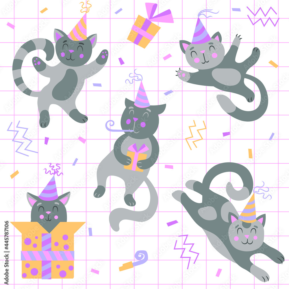 Cute cats in various poses, a birthday cap on the head, the cat is whistling in a birthday whistle, the cat sits in a gift box. Set. Poster, seamless pattern, postcard.