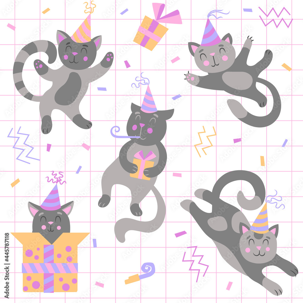 Cute cats in various poses, a birthday cap on the head, the cat is whistling in a birthday whistle, the cat sits in a gift box. Set. Poster, seamless pattern, postcard.