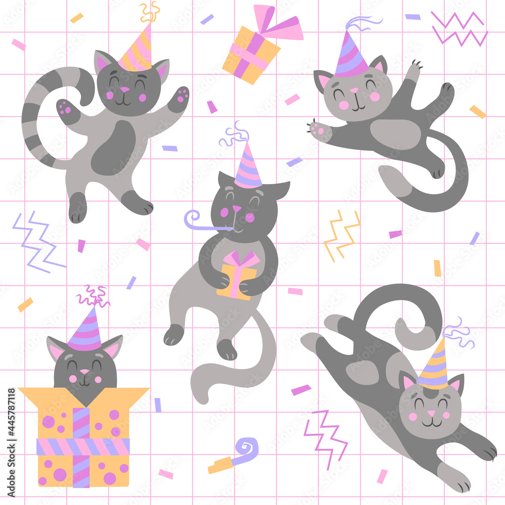 Obraz premium Cute cats in various poses, a birthday cap on the head, the cat is whistling in a birthday whistle, the cat sits in a gift box. Set. Poster, seamless pattern, postcard.
