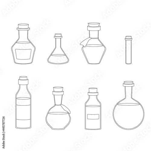 Vector contour set of flasks of various shapes. Vessels for liquid. Line Halloween or medicine elements