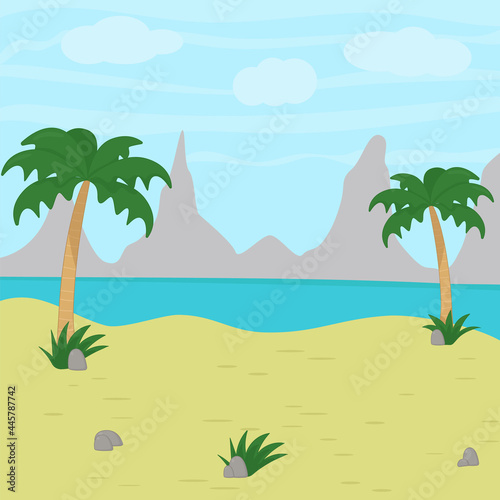 Tropical landscape. Summer beach. Islan with palm tree