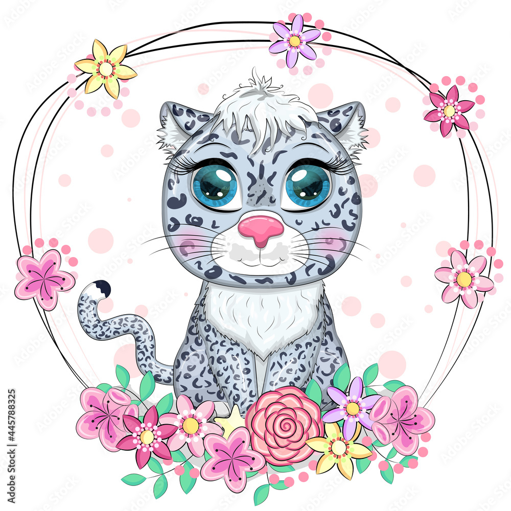 Cartoon snow leopard with expressive eyes. Wild animals, character, childish cute style.