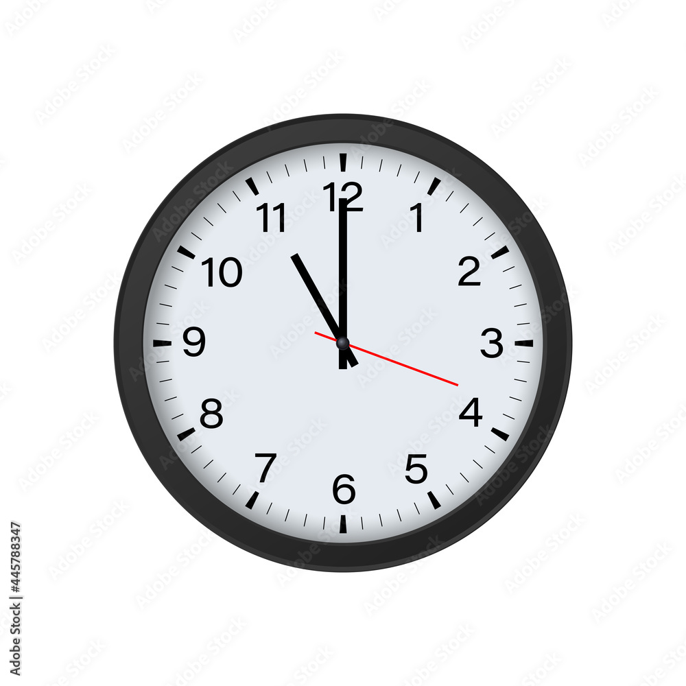 Circle Black Clock Mockup Showing 11 O'clock Isolated on White Background. Vector Illustration Circle Black Clock Mockup Showing 11 O'clock Isolated on White Background. Vector Illustration