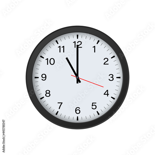Circle Black Clock Mockup Showing 11 O'clock Isolated on White Background. Vector Illustration
