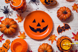 horror spooky funny ghost in halloween on holiday season greeting party with food prop decoration and trick or treat autumn october festival and jack-o-lantern concept