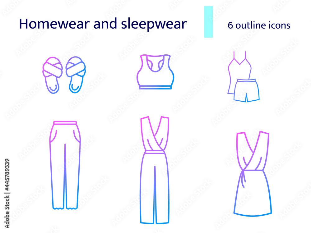 Homewear and sleepwear outline icons set. Comfortable clothes. Domestic suit, slippers. Isolated vector illustration Homewear and sleepwear outline icons set. Comfortable clothes. Domestic suit, slippers. Isolated vector illustration