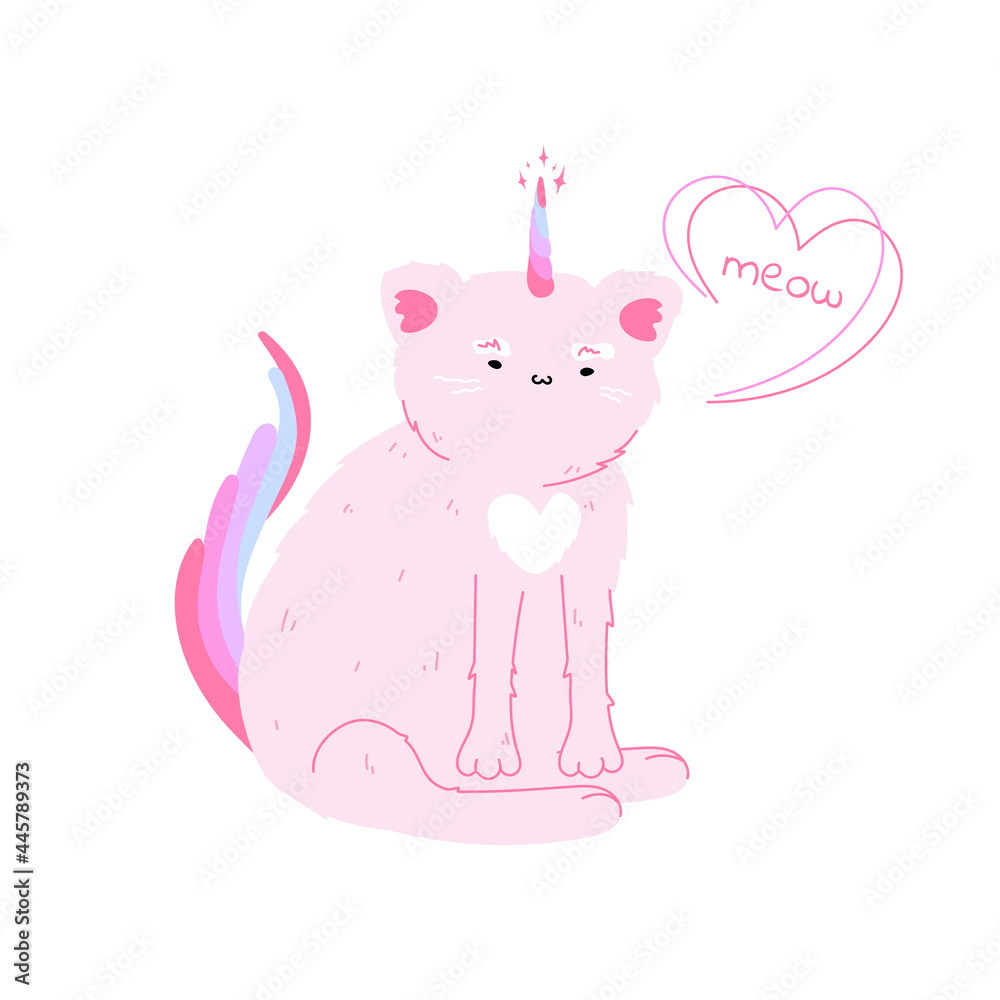 Cute pink cat with a horn. Unicorn for the design of greeting cards, stickers, printing on notebooks and clothes. Child's drawing of a cat. A magical animal. Flat vector illustration 
