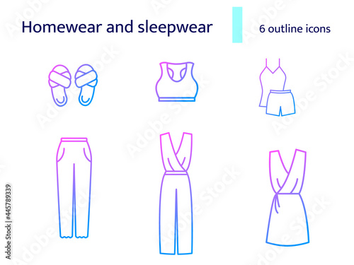 Homewear and sleepwear outline icons set. Comfortable clothes. Domestic suit, slippers. Isolated vector illustration