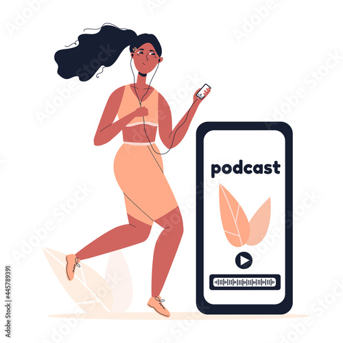 The girl listens to a podcast, radio, music with headphones on the street. The girl goes in for sports, runs in headphones. Vector flat illustration