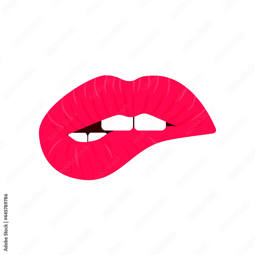 Bitting pink lips. Isolated vector illustration on white background. Trendy sticker for t-shirt