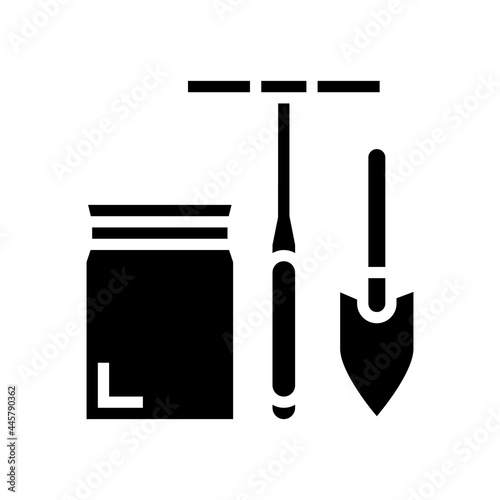 shovel, drill and bag for soil testing glyph icon vector. shovel, drill and bag for soil testing sign. isolated contour symbol black illustration