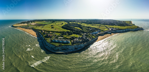 Drone aerial view of the beach and white cliffs, Margate, England
