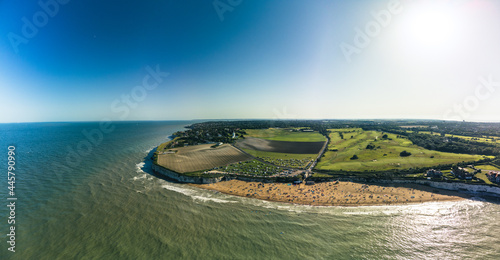 Drone aerial view of the beach and white cliffs, Margate, England