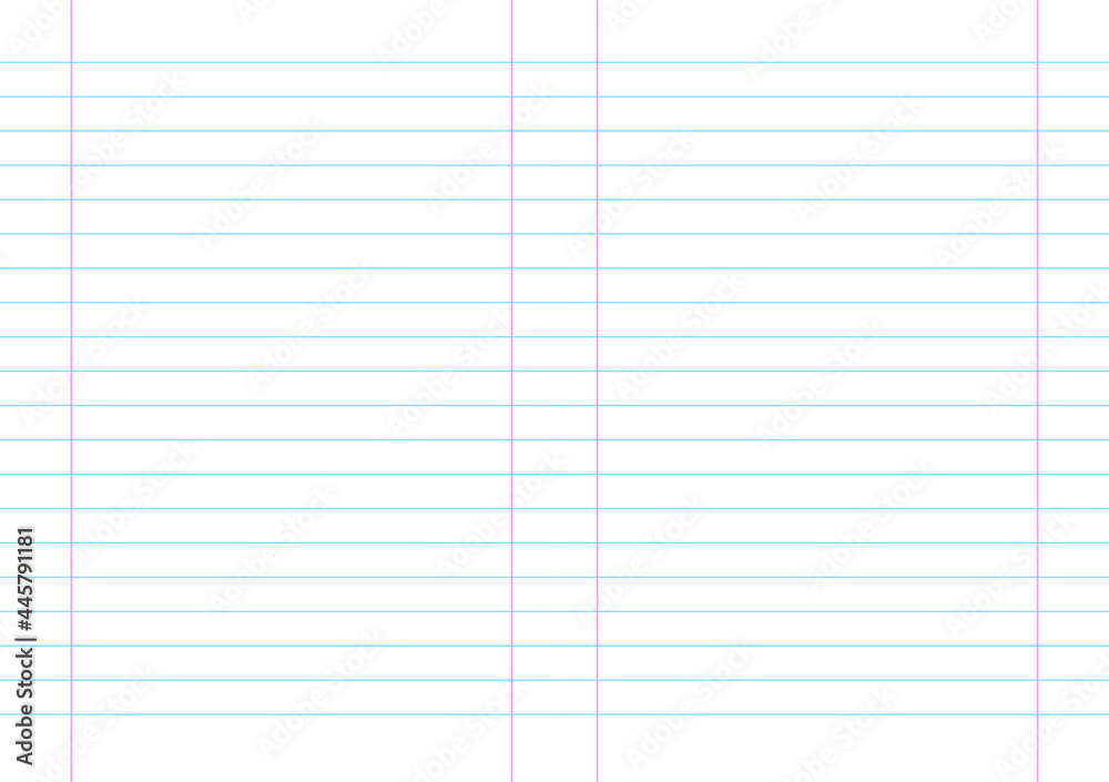 Empty lined page notebook school blank pad, vector background. blue striped copybook. red ruled double sheet grid Empty lined page notebook school blank pad, vector background. blue striped copybook. red ruled double sheet grid