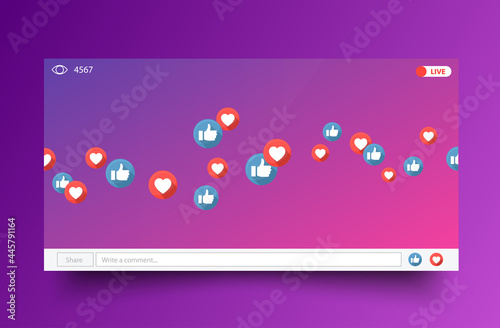 Like and thumbs up icons flying on template. Social media elements. 3d social network symbol. Counter notification icons frame. Emoji reactions. Vector illustration