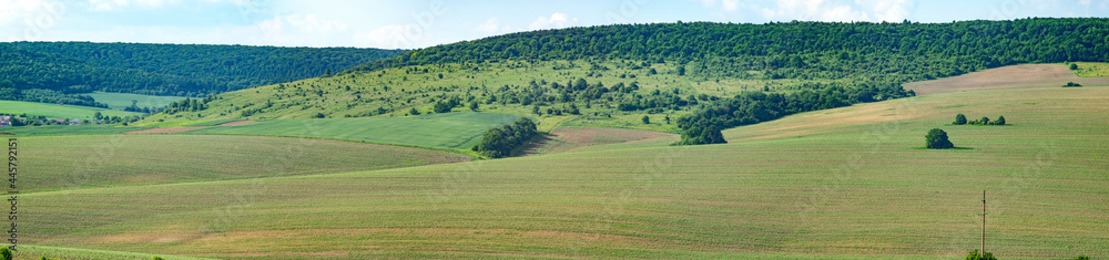 Beautiful panorama of agricultural fields and hills on a summer day in Ukraine