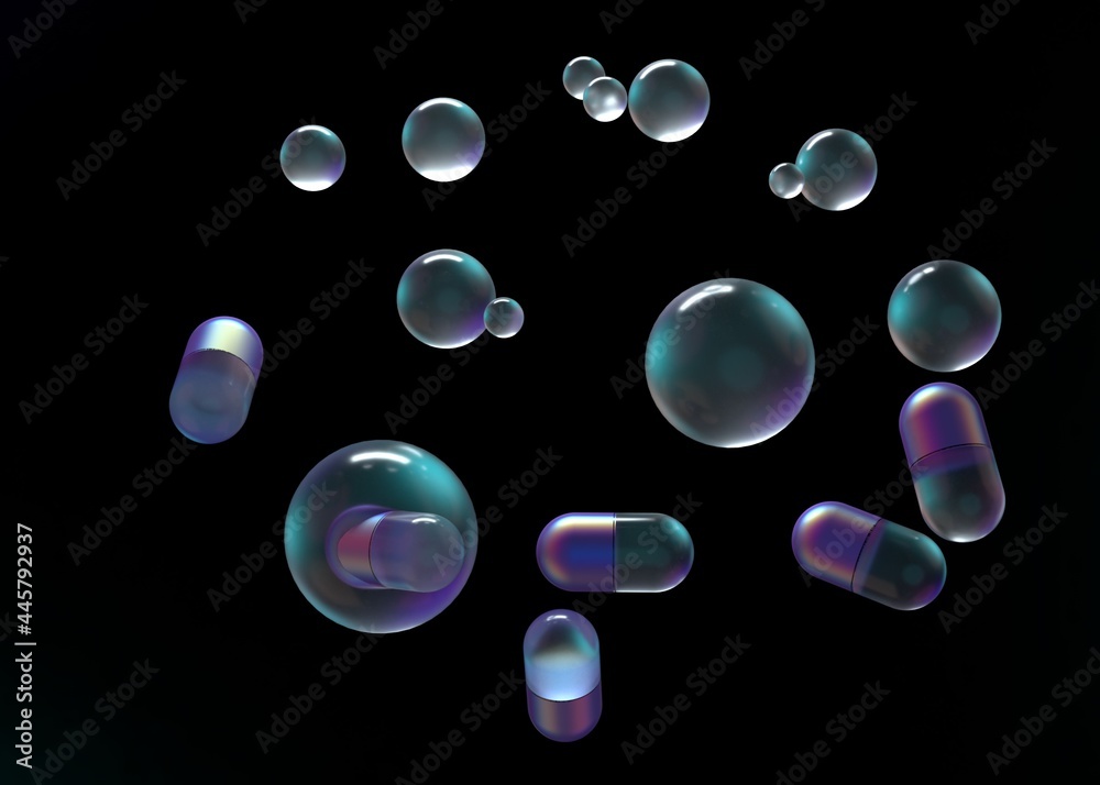 Floating capsules and pills in the air in neon light on a dark background. Realistic 3D illustration. Floating capsules and pills in the air in neon light on a dark background. Realistic 3D illustration.