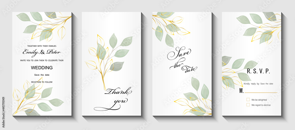 Wedding invitation with leaves eucalyptus, watercolor, isolated on white. Vector Watercolor.