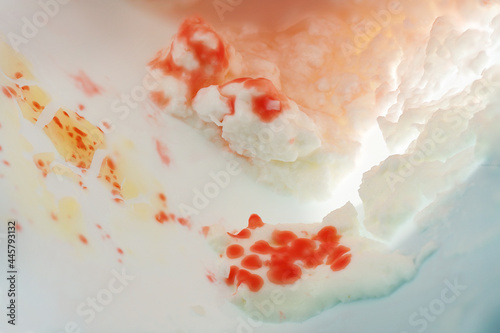 Serratia marcescens, rod-shaped bacteria in a package of curd cheese, probably contamination during filling, concept for health care, hygiene and preventing food spoilage, copy space, macro shot photo