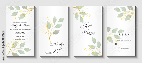 Wedding invitation with leaves eucalyptus  watercolor  isolated on white. Vector Watercolor.