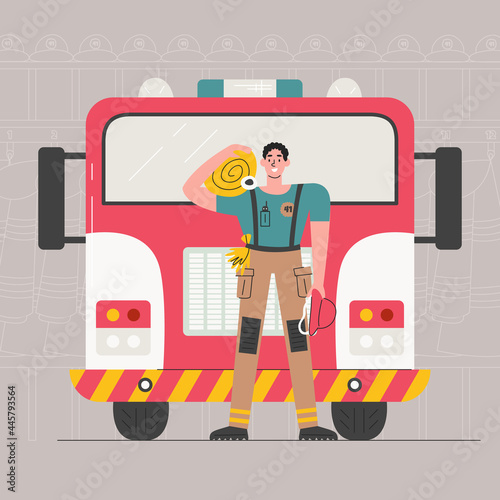 Young adult firefighter holding rescue equipment. Fireman standing in uniform in front of firetruck inside fire department. Male character is extinguisher personal protection. Vector flat illustration
