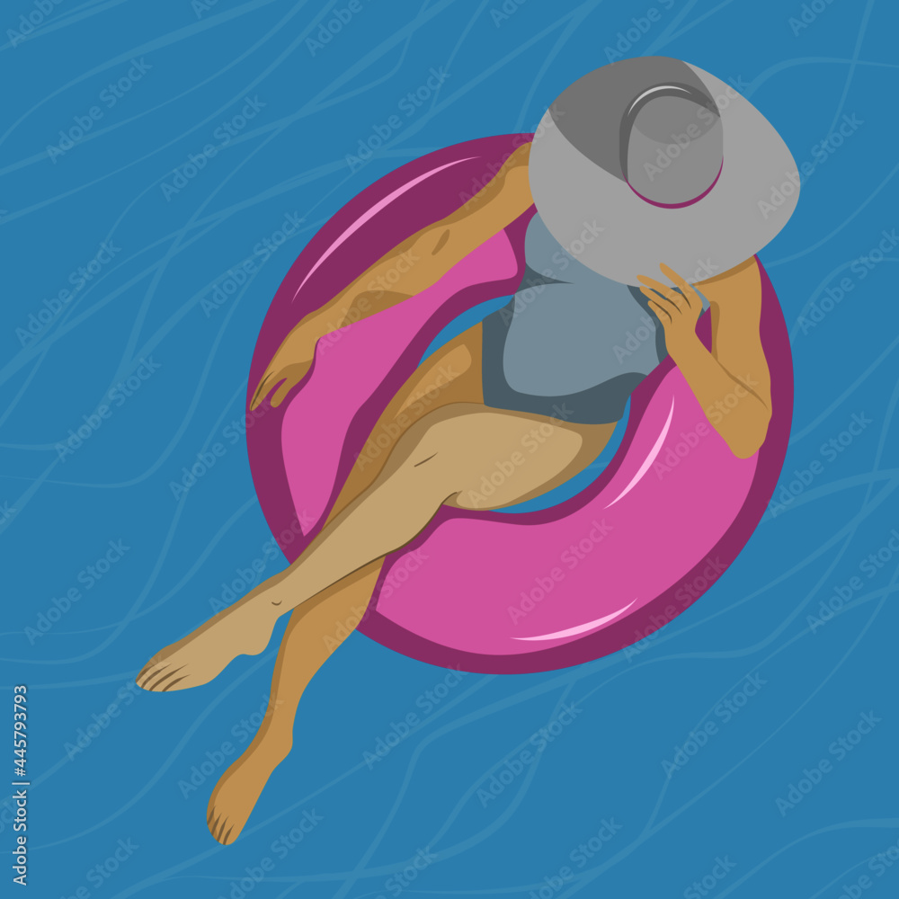 Młoda biała kobieta relaksująca się na w basenie. Widok z góry szczupłej dziewczyny w stroju kąpielowym i kapeluszu na różowym materacu w dużym basenie. Letnia wakacyjna ilustracja wektorowa. - obrazy, fototapety, plakaty 
